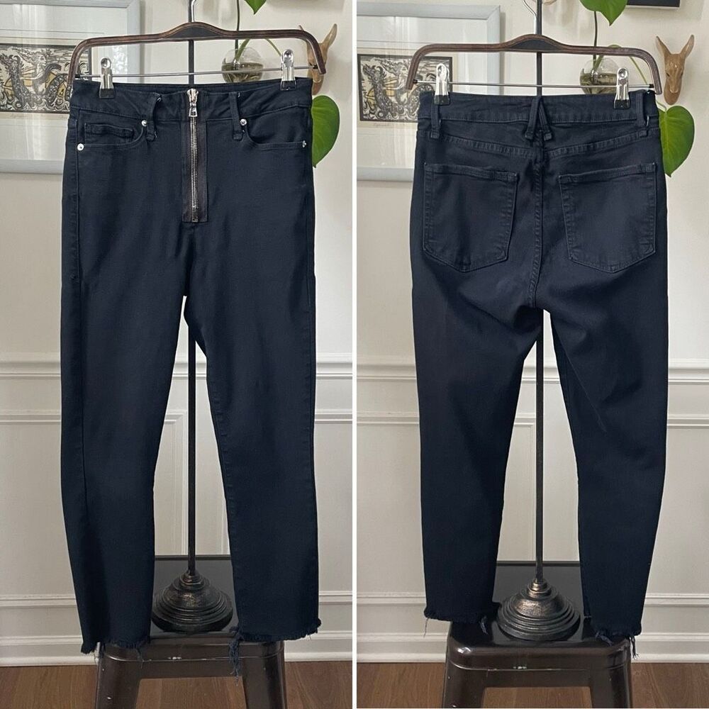 Good American Good Waist Exposed Zip Skinny Crop Jeans Raw Hem Black $180 2 26